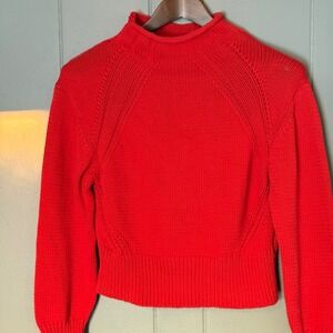 H&M Red Roll Neck Knit Sweater Cotton Chunky Mock Neck Valentines Pop of Red